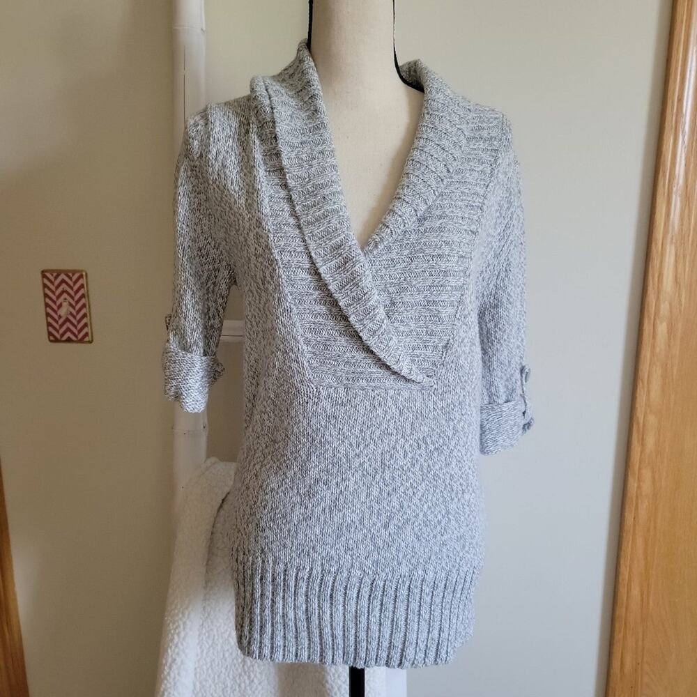 Arizona Jean Co Women XL Gray Marled Knit Sweater Shawl Collar Button Tab